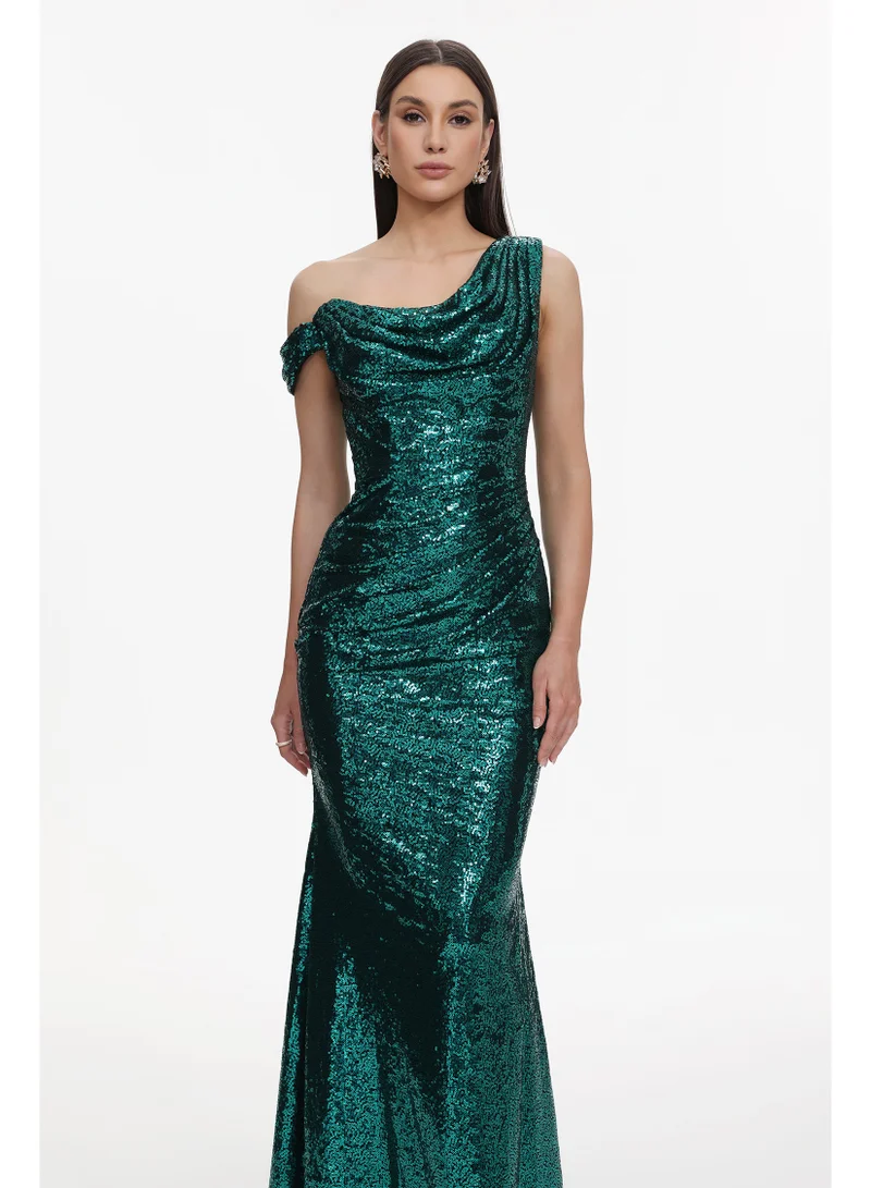 Bella Barnett Paza Glamorous Contour Cowl Neck One Shoulder Ruched Sequin Maxi Dress